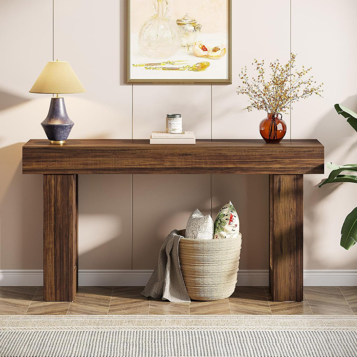 Tribesigns 63-Inch Long Console Table, MDF Wood Grain Rectangular Sofa Table Behind The Couch, Farmhouse Entryway Table for Entrance, Hallway, Living Room (Rustic Brown)