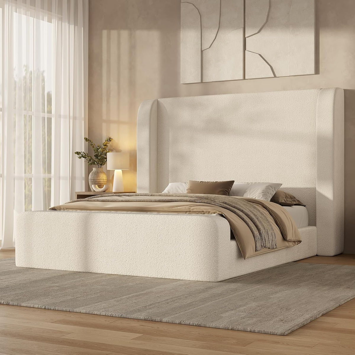 ADORNEVE Cloud Bed Frame Queen with 49.2” Tall Wingback Headboard, Beige