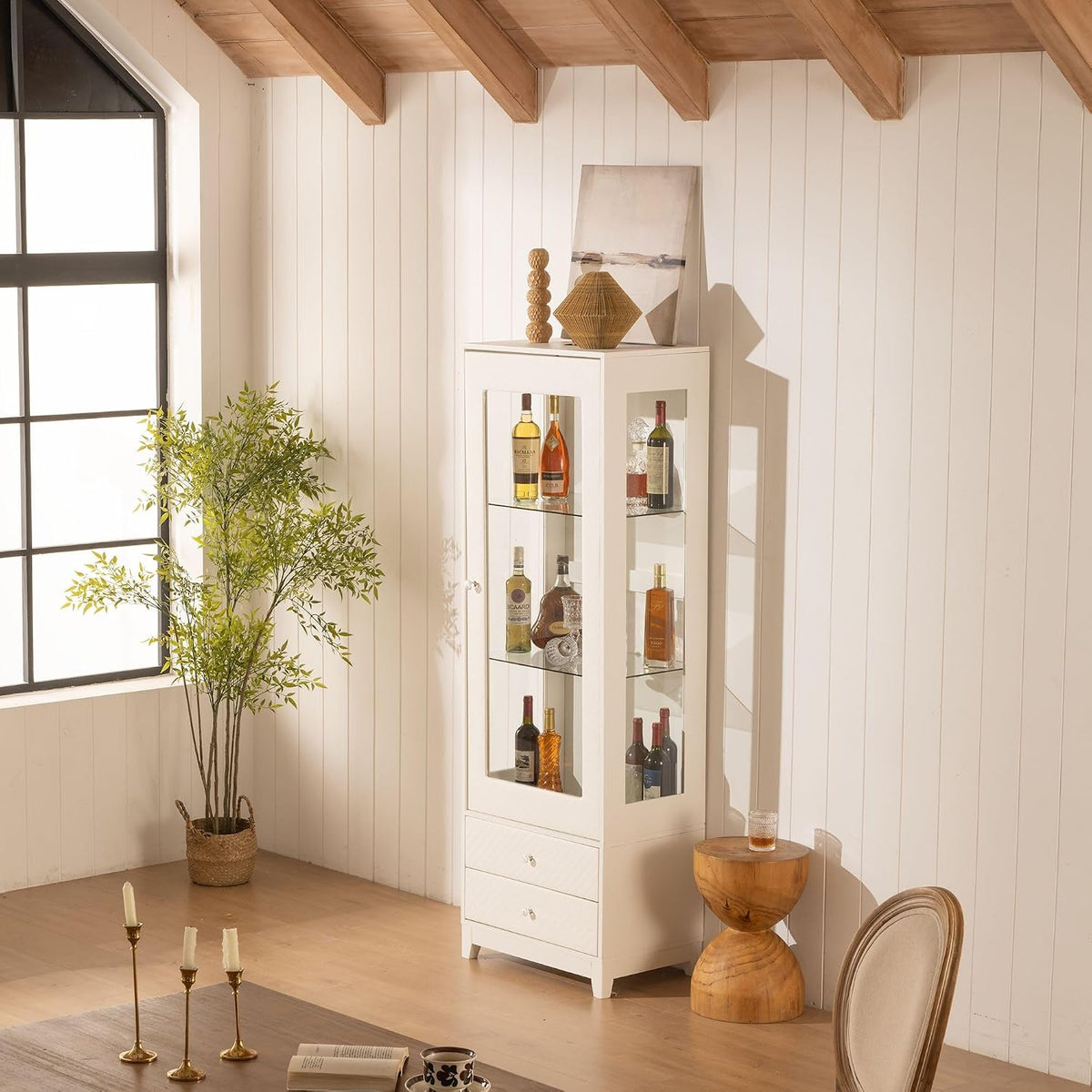 Freestanding Wine Cabinet, Upholstered Glass Door Bar Cabinet, 180° Viewing, 5-Color Ceiling Light, Adjustable Shelves, for Home or Dining Room, White