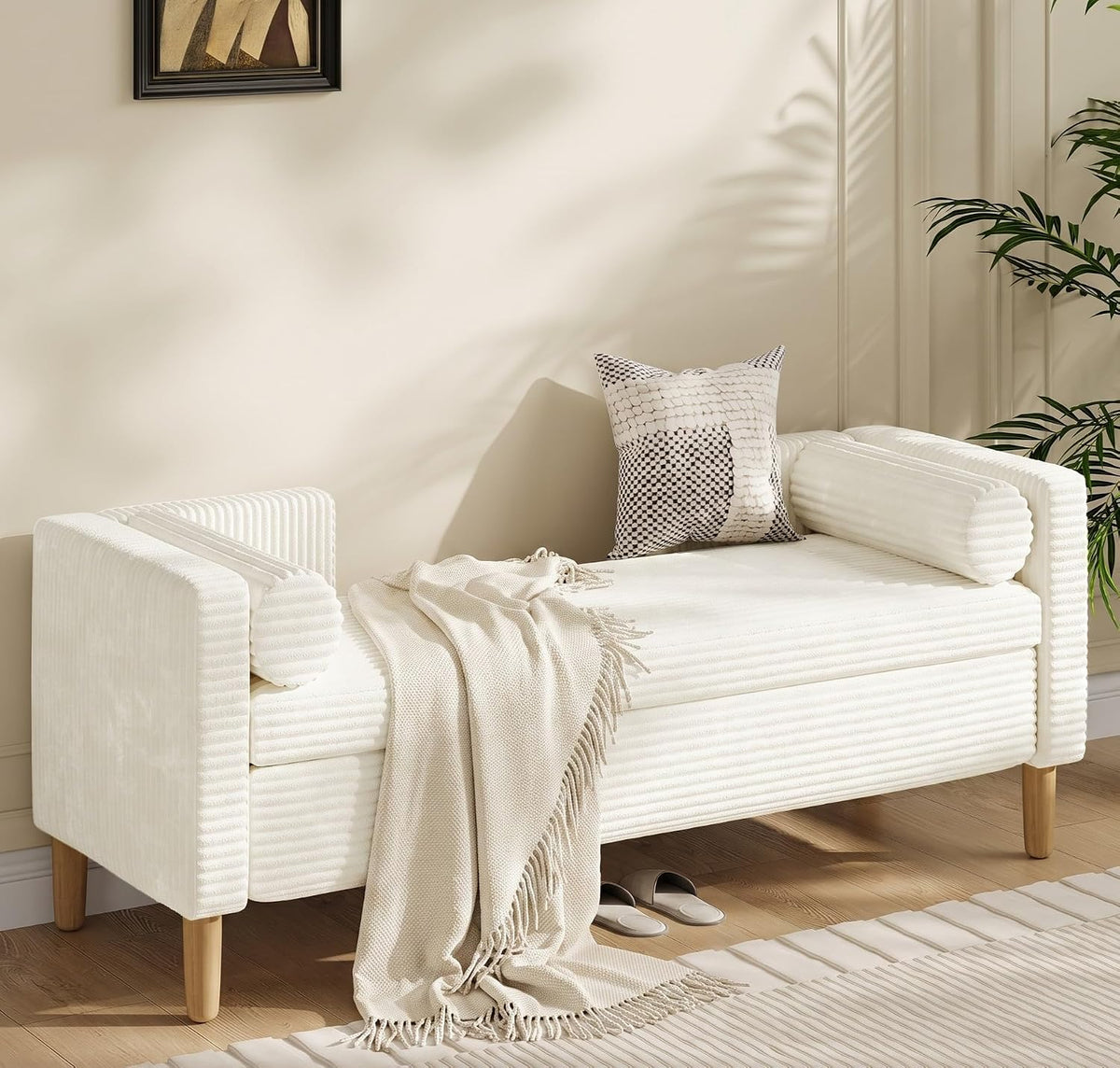 65.35" Storage Bench, Corduroy Upholstered End of Bed Bench with Bolster Pillows, Modern Storage Bench with Natural-Patterned Wooden Legs, Comfy Entryway Bench for Entryway (Beige)