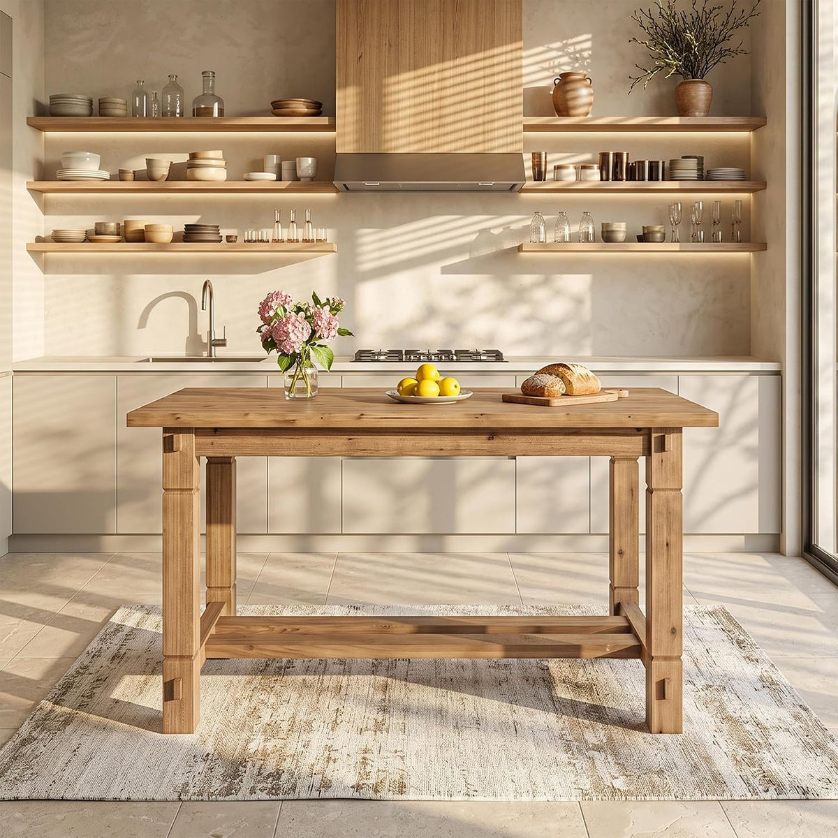 59.05" Solid Wood Home Kitchen Island with Spacious Tabletop | Counter Height Table, Sturdy Frame, Easy to Assemble, Farmhouse Style, Stationary Island for Home, Dining Room, Rustic Brown