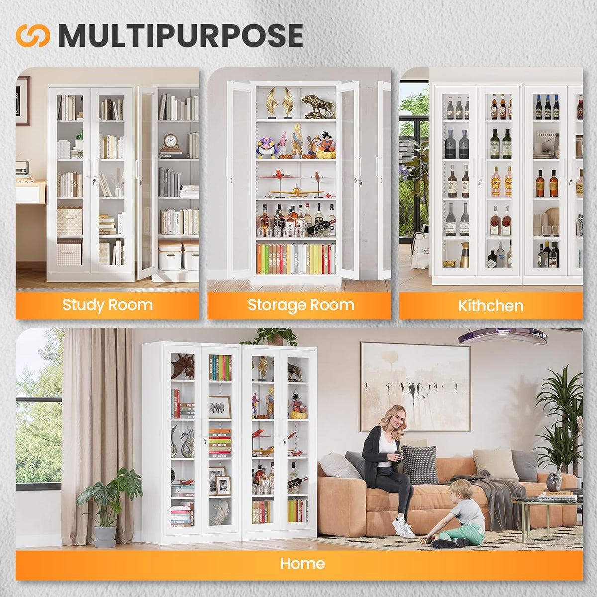 Locking Display Cabinet with Glass Door, 71”H Metal Curio Cabinets with Adjustable Shelves, White Liquor Caninet Display Case for Living Room, Collectibles, Clinic, Home - Assembly Required