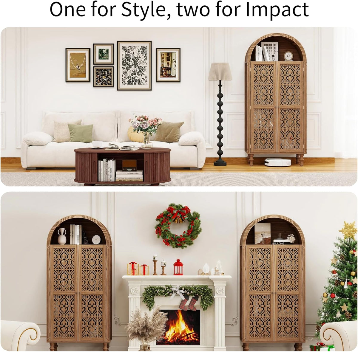 70" Tall Arched Storage Cabinet with 2 Hollow Carved Doors, Boho Kitchen Pantry with 5-Tier Storage Space, Modern Farmhouse Cupboard Bookcase for Living Room, Kitchen, Study, Walnut, 1 PCS