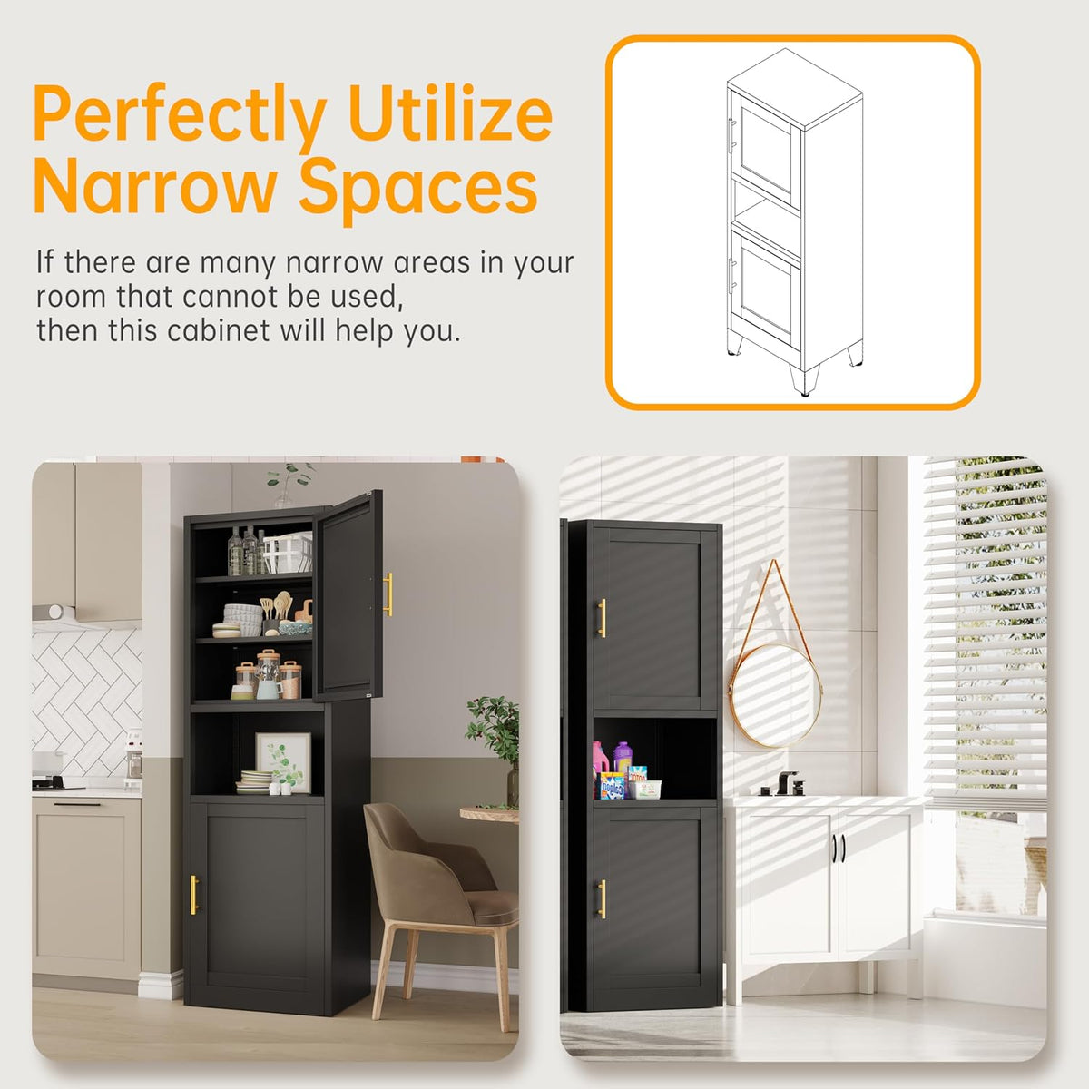 Ckzbx Tall Narrow Storage Cabinet 66.93" H Tall Bathroom Cabinet Metal Pantry Cabinets, 4 Adjustable Shelves for Kitchen, Home Office, Living Room, Dinning Room (20 inches Wide Black)