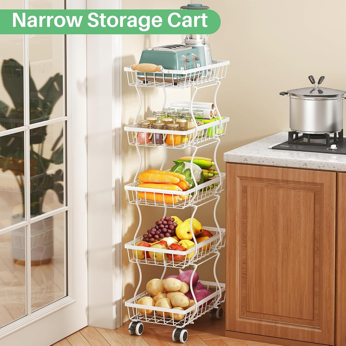 SAYZH 5-Tier Fruit Basket Stand with Vegetable Baskets for Kitchen, White | Stackable Metal Wire Basket, Sturdy Rolling Storage Carts for Kitchen, Pantry Organizer, Snack and Jar Storage