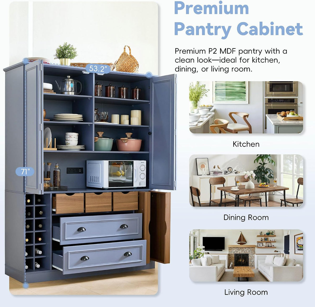 LUMISOL Farmhouse Kitchen Pantry Cabinet, 71" Tall Freestanding Storage Cabinets with Foldable Doors, Power Outlet and Shelves, Dining Storage Cabinet Cupboard with Wine Racks and Serving Trays, Gray