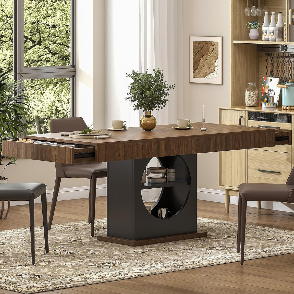 Dining Table for 4-6 People, 55 Inches Dinner Table with Drawers and Open Storage, Wooden Pedestal Base, Rectangular Farmhouse Kitchen Table for Kitchen, Living Room