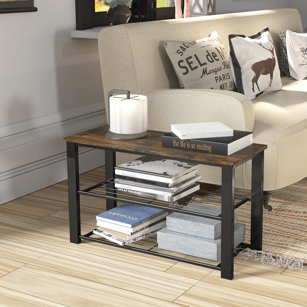 Simple Houseware Wood Top Shoe Storage Bench for Entryway, Rustic Brown