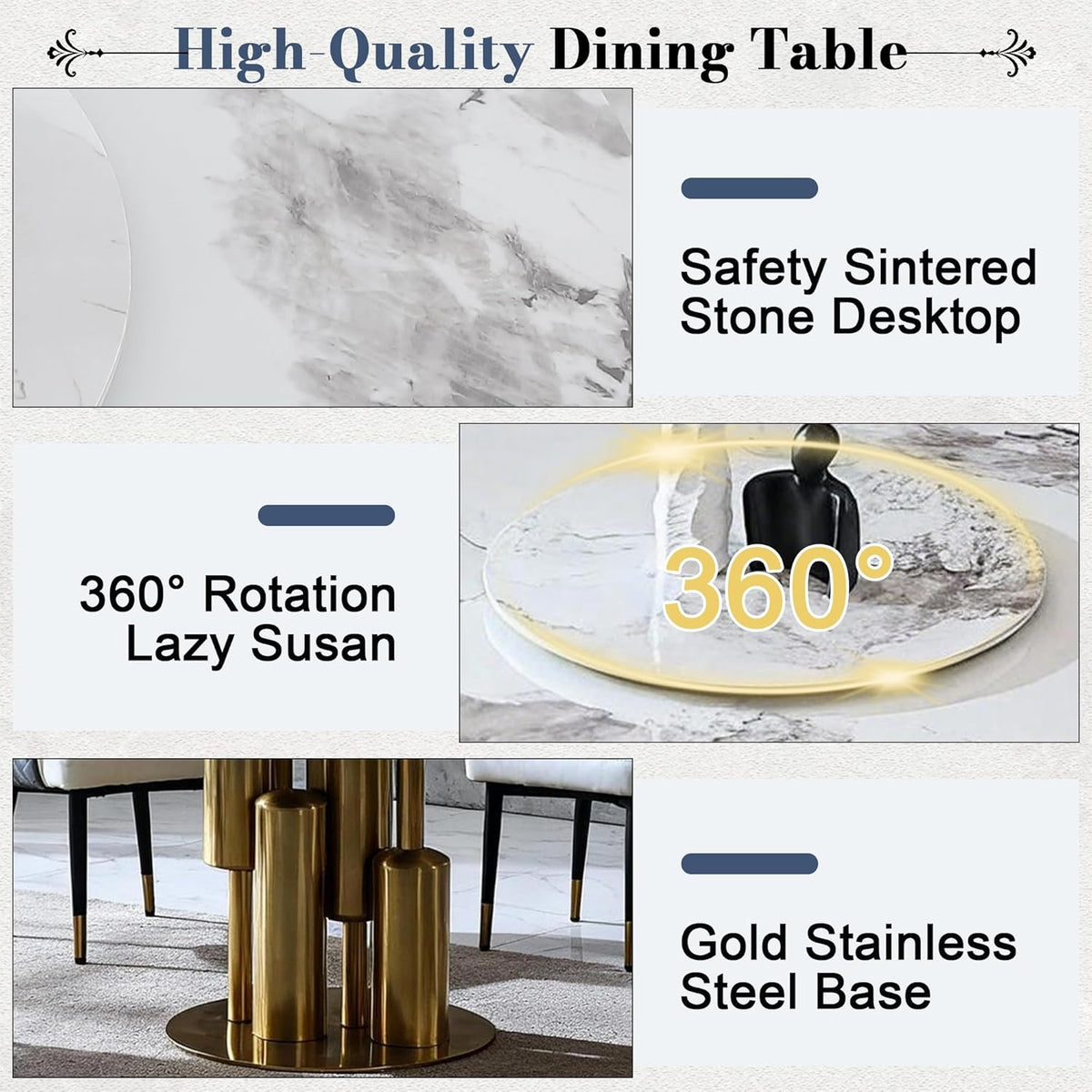59" D Round Dining Table with 31.5" Detachable Lazy Susan, Modern Sintered Stone Dining Table for 8 Seat, Artificial Marble Dining Room Table Kitchen Table with Stainless Steel Base for Home