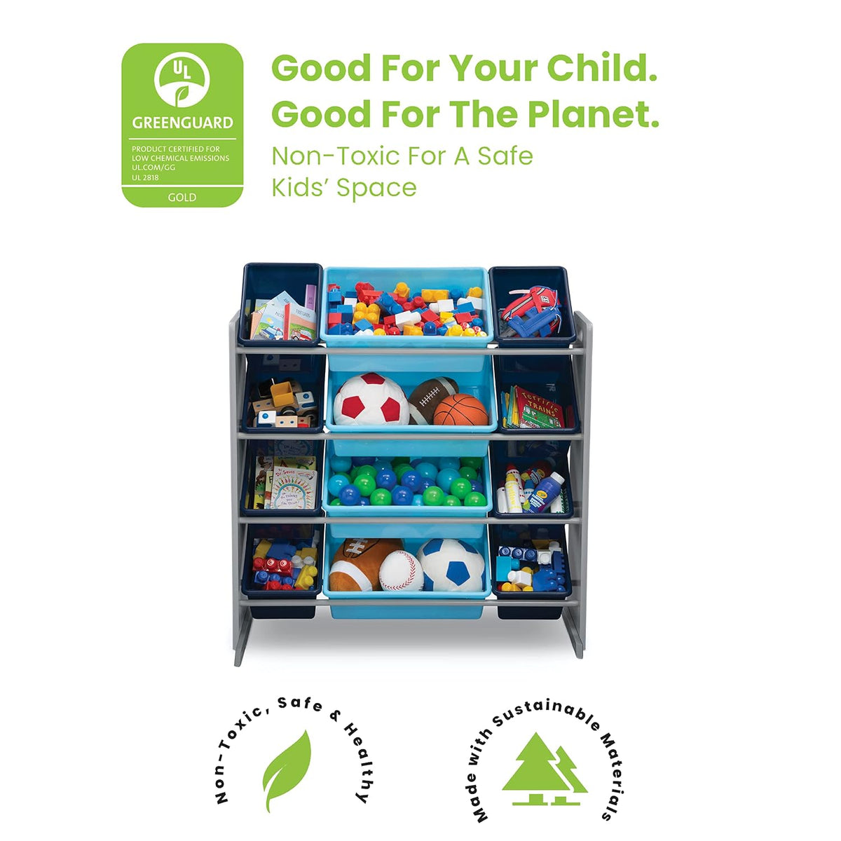 Delta Children Kids Toy Storage Organizer with 12 Bins and MySize Kids Table and 2 Chairs Set, Deep Blue