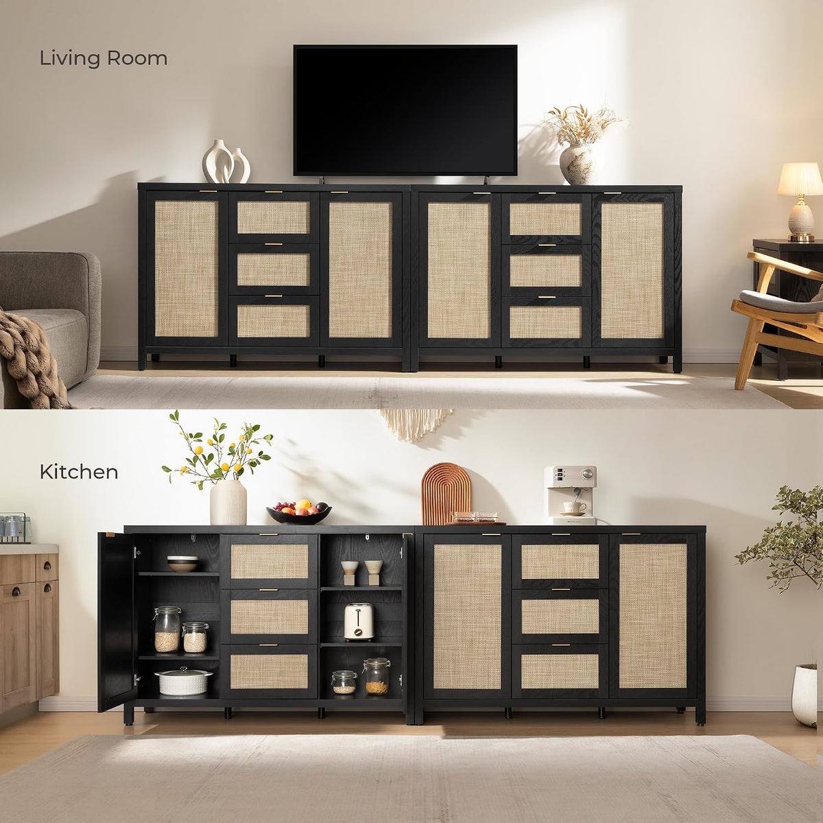 SICOTAS Rattan Large Sideboard Buffet Cabinet with Storage - Farmhouse Boho Coffee Bar Storage Cabinet with 3 Drawers and 2 Doors, Tall Credenza for Living Room, Kitchen, Hallway, Black Oak (2 Pieces)