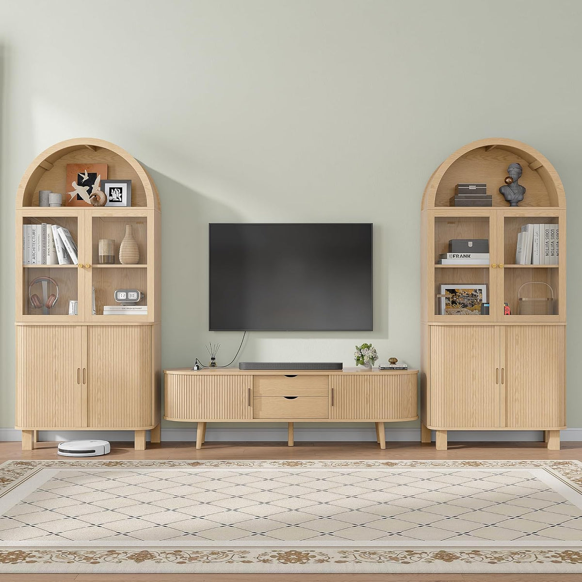 69" Tall Kitchen Pantry Storage Cabinet with Sliding Door, Modern Curved Edge Pantry Storage Cabinet with Glass Door & Adjustable Shelves, Oak Cupboard for Kitchen, Dining Room, Living Room, Office