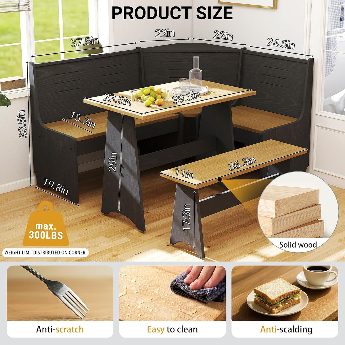 Breakfast Nook Set 3-4 Seat L-Shaped with Hidden Storage - Space Saving Corner Kitchen Dining Table & Bench Set - Farmhouse Family Home Wood Black