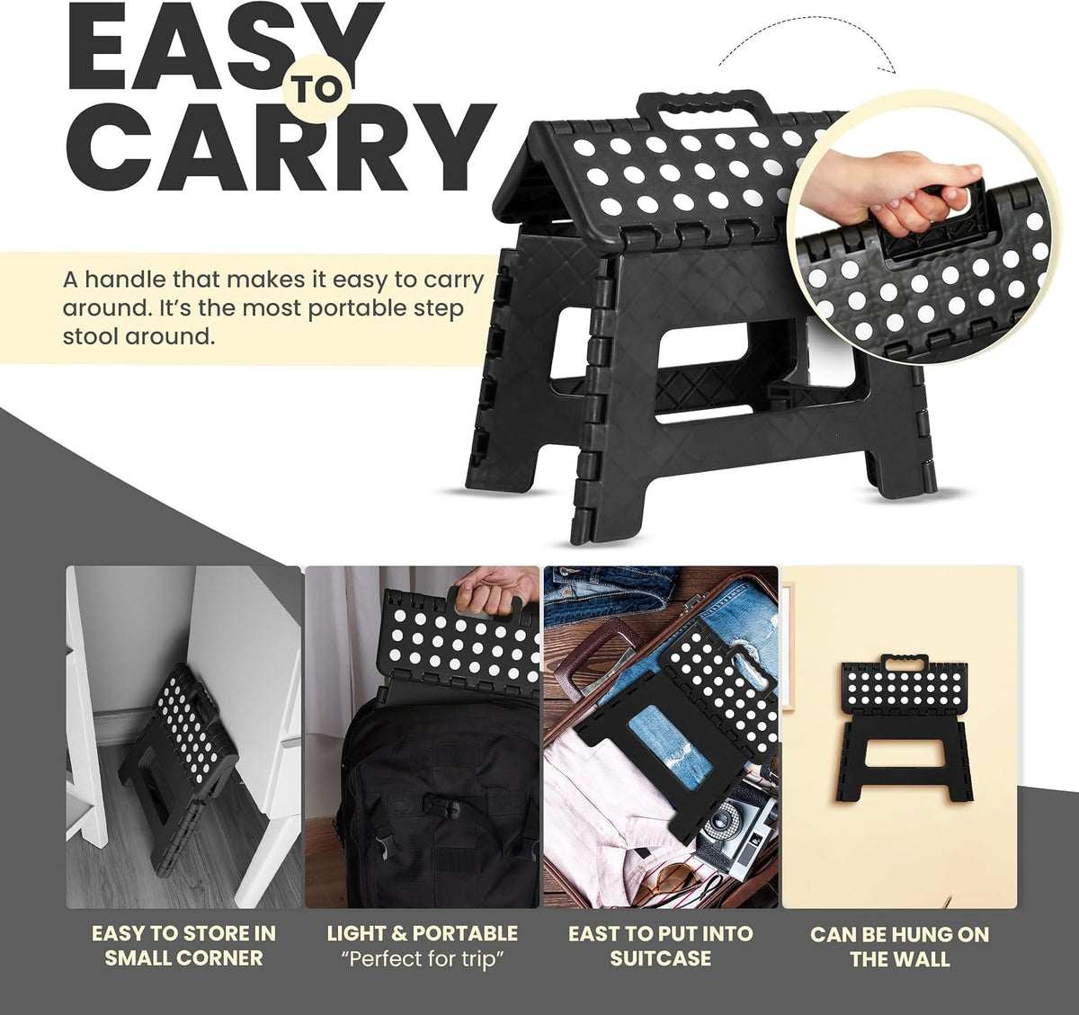 Utopia Home Folding Step Stool 9 Inch, Anti-Slip, 300 lbs, Black | 9-inch foldable step stool with anti-slip surface, built-in handle, and 300 lbs strong plastic support for safe home use.