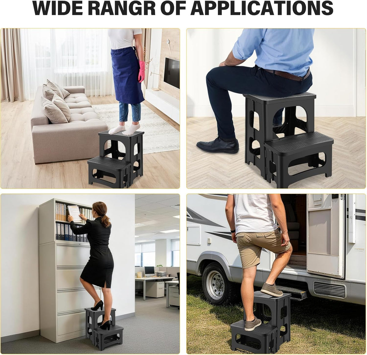 Folding 2-Step Stool for Adults, Non-Slip Collapsible Footstool for Office | Portable Bedside Step Stool, Hold up to 300 lbs, Lightweight & Foldable Step Ladder for Pool Office Home RV