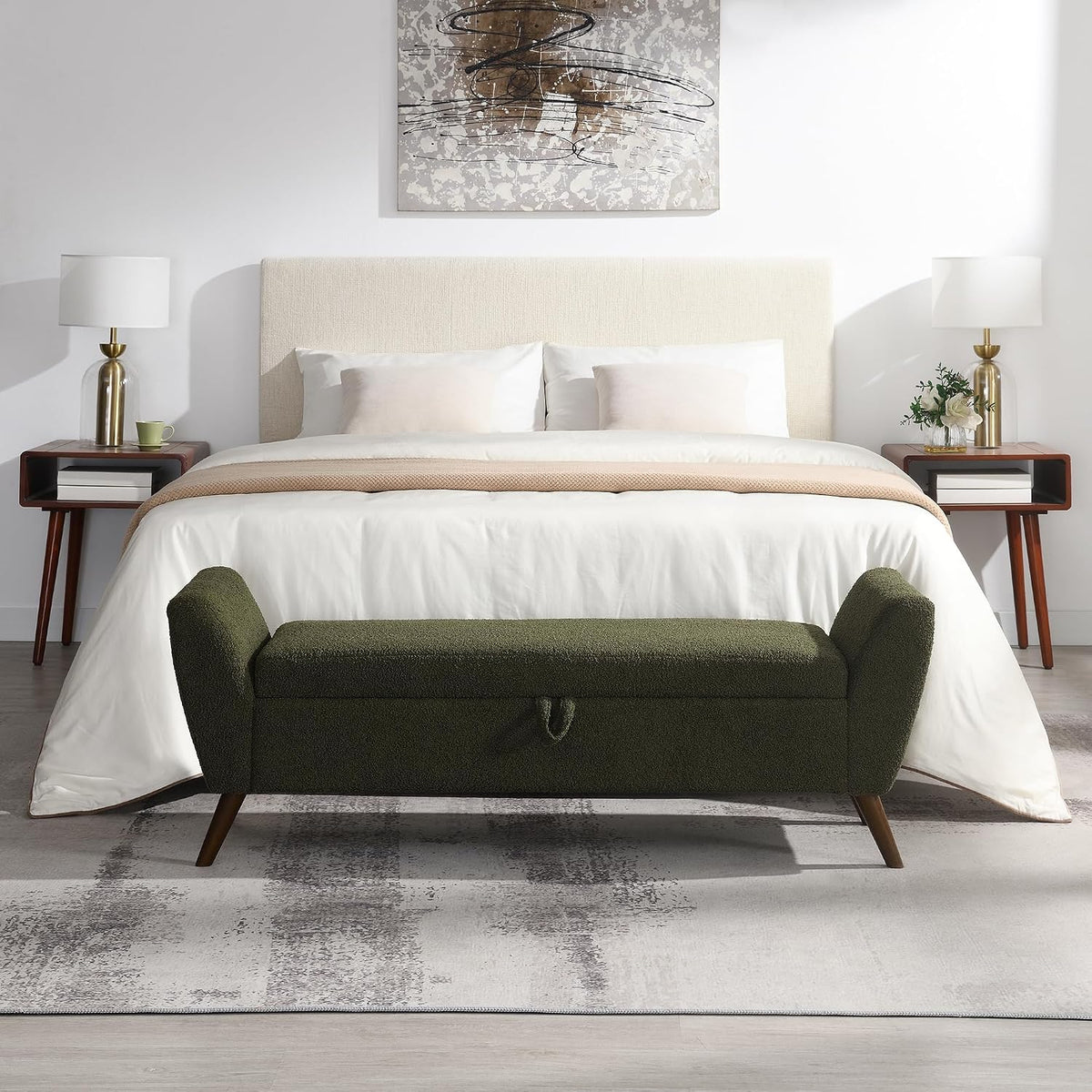 60'' Modern Upholstered Storage Ottoman Bench with Mid-Century Wood Legs, Entryway Bench with Hidden Storage for Living Room, Bedroom, and End of Bed, Comfort Padded Seat (B-Green)