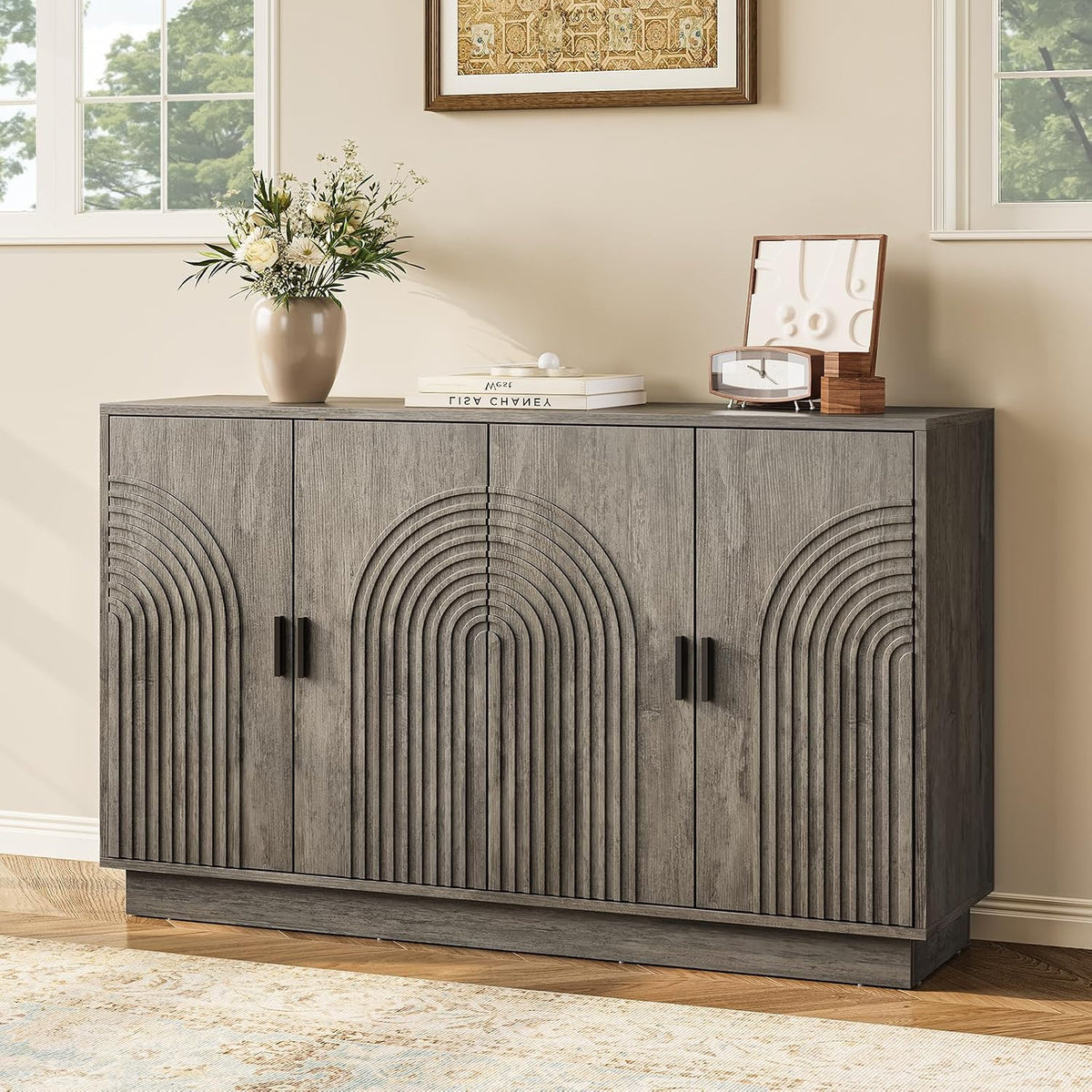 Fluted Sideboard Buffet Cabinet with Storage - 57" Credenza Coffee Bar Cabinet with 4 Doors, Accent Kitchen Storage Cabinets with Adjustable Shelves for Living & Kitchen, Entryway, Modern