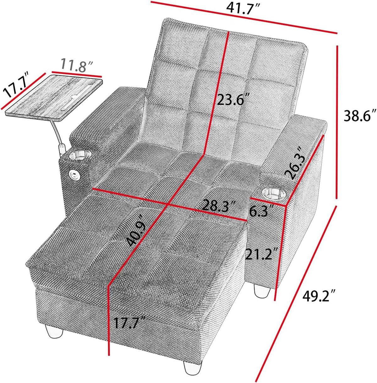 Eafurn Convertible Chaise Lounge Sleeper Chair with Storage and 6-Position Reclining Backrest,Modern Tufted Recliner Lounge Chaise Chair with Swivel Tray Table & USB Port for Living Room