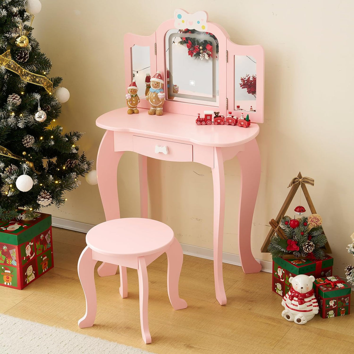 Vanity Set,ShyneeMakeup Dressing Vanity Set Wooden Princess Makeup Table with Cushioned Stool,Drawer,Wooden Legs and Mirror, Make Up Dressing Play Set for Girls (Pink Bow)