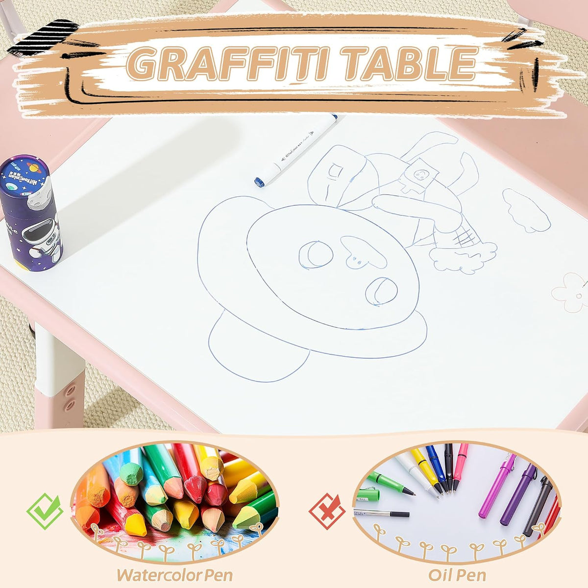 Kids Table and Chairs, Height Adjustable Toddler Table and 2 Chairs, Multi-Activity Kids Table Set with Graffiti Desktop, Built-in Storage, Ages 3-8