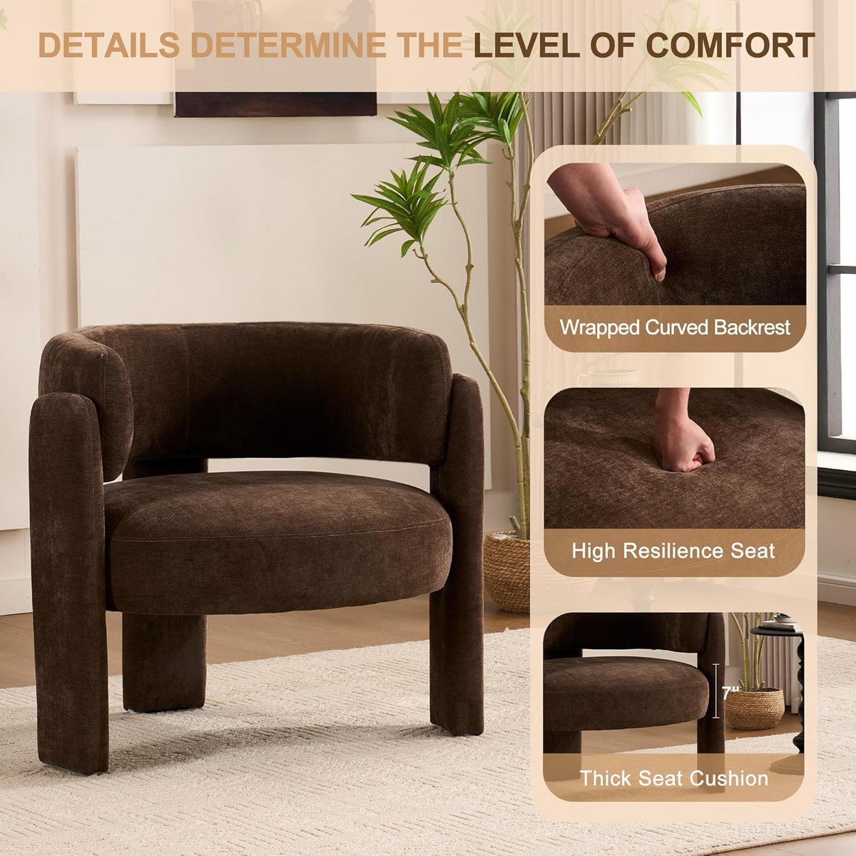 Modern Accent Barrel Chair,Mid Century Single Armchair with Curved Backrest Upholstered Side Reading Chair with 3 Legs Comfy Sherpa Chair for Bedroom Home Office Living Room (Brown)