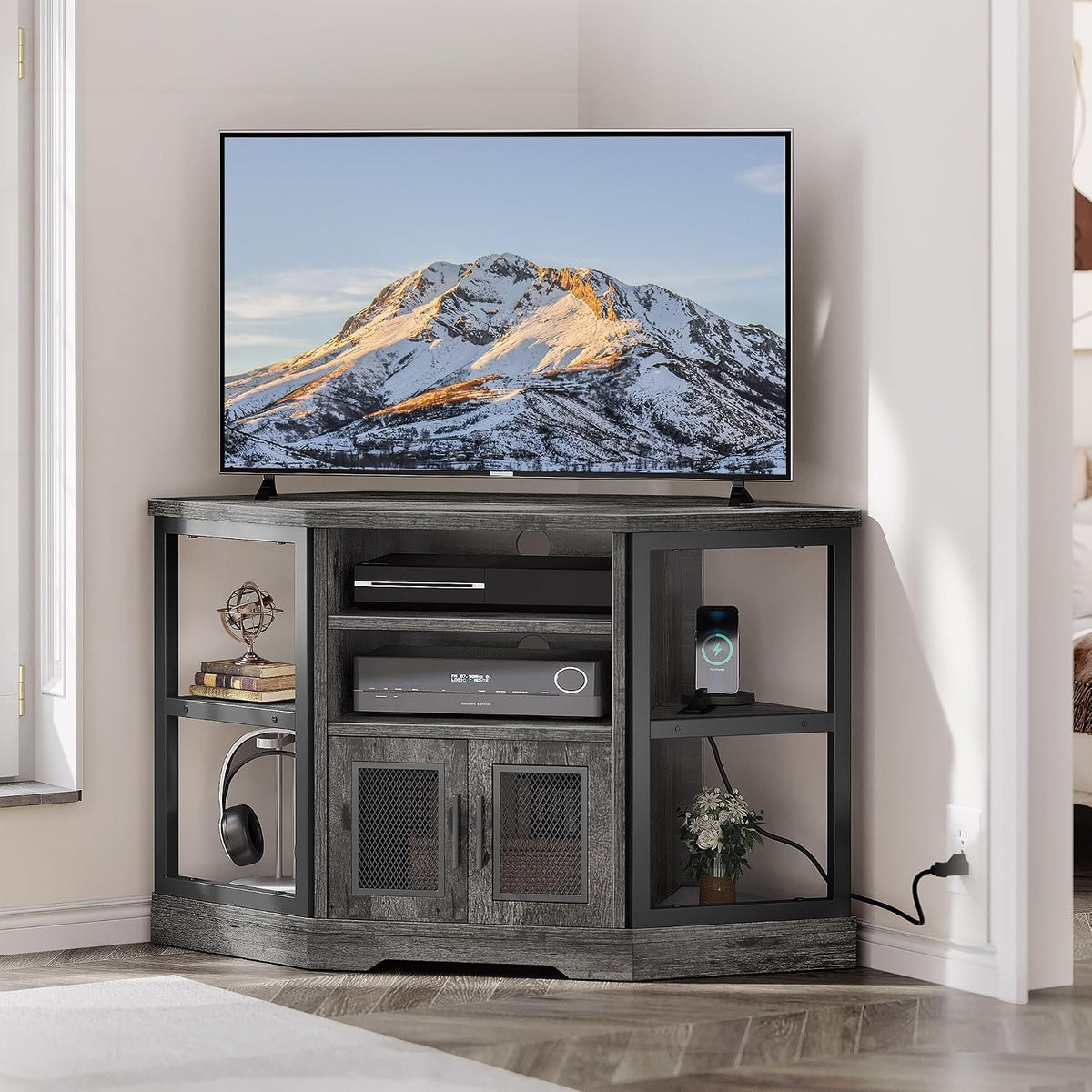 YITAHOME Farmhouse TV Stand with Power Outlet, Corner TV Stand for 50 Inch TV, Entertainment Center with Storage, TV Console Cabinet for Living Room, Grey Oak