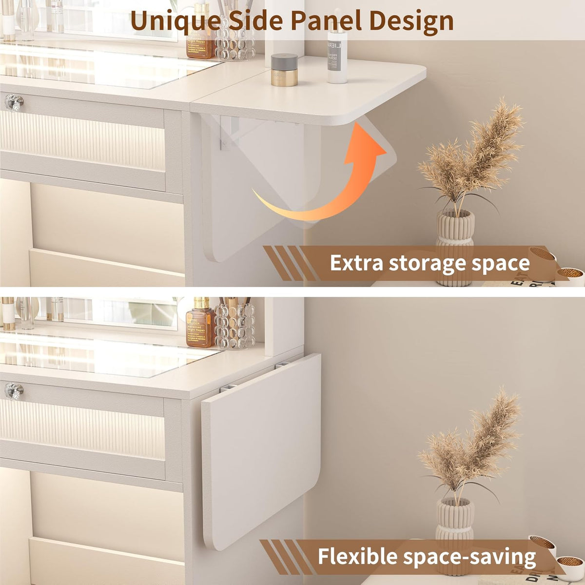 Vipbear White Vanity Desk Small Makeup Vanity Table with Mirror&Lights | Dressing Tables with Power Oulet 2 RGB Drawers Cabinet 6 Shelves Glass Top 10 LED Bulbs 3 Color Modes Folding Panel