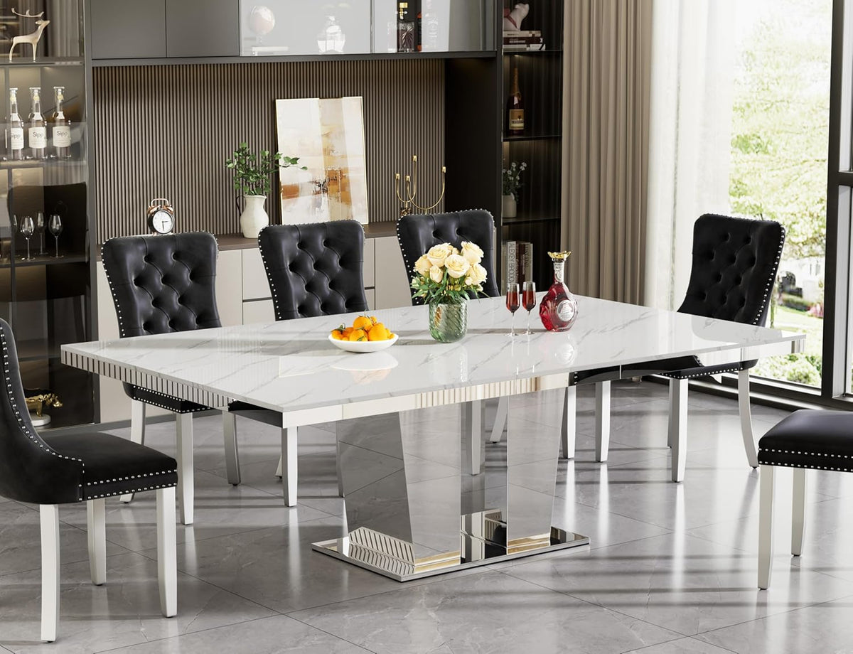 63"-94" Modern Extendable Dining Room Table for 6 8 10, Large White Faux Marble Expandable Kitchen Table with Mirrored Columnar Pedestal Base for Home Kitchen Dining Room Family Gathering