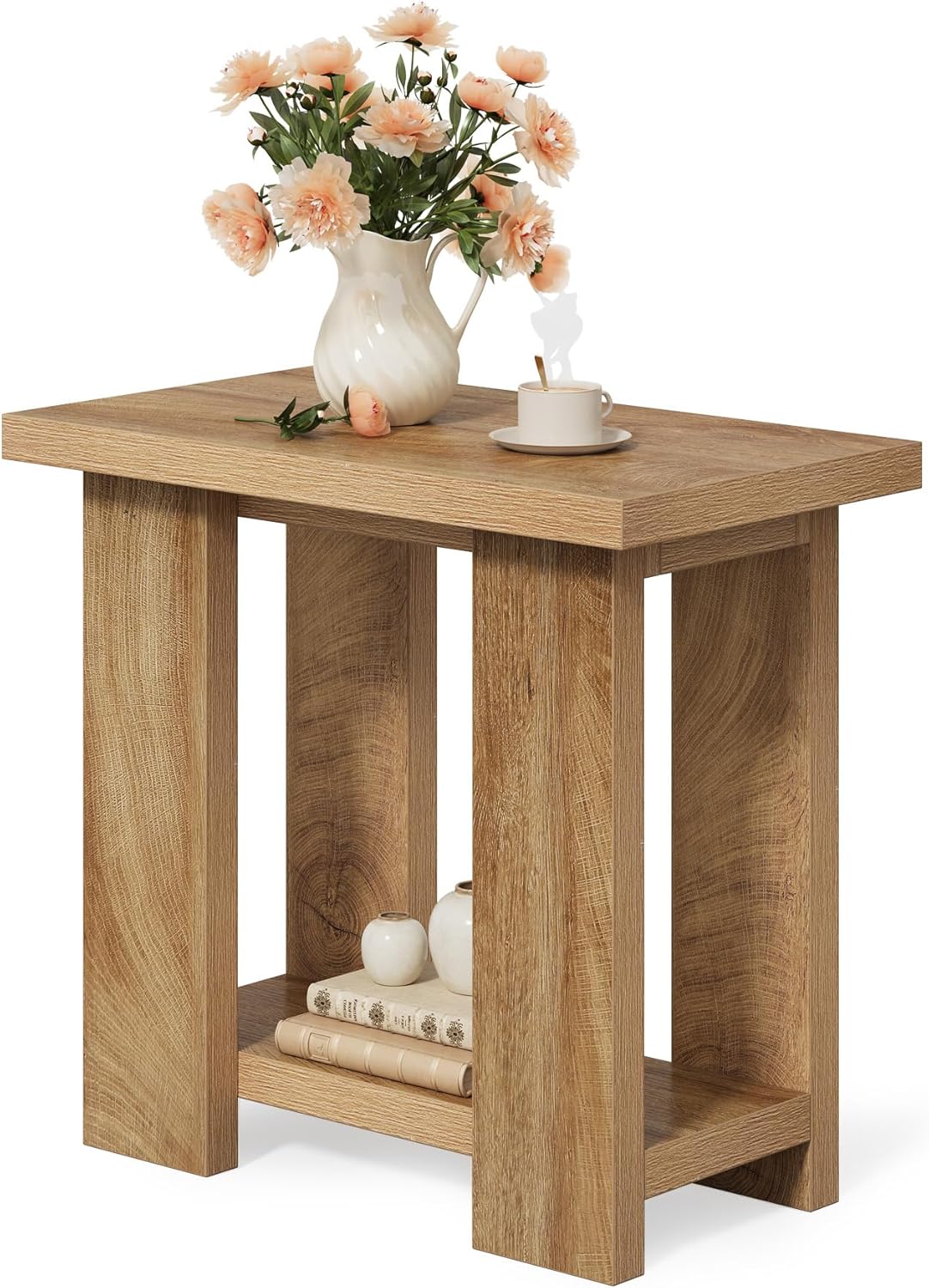 LITTLE TREE 2-Tier Side Table, Farmhouse End Table with Storage Shelves, Small Nightstand Wooden Beside Table Bed Side Table for Small Spaces, Living Room, Bedroom, Light Brown