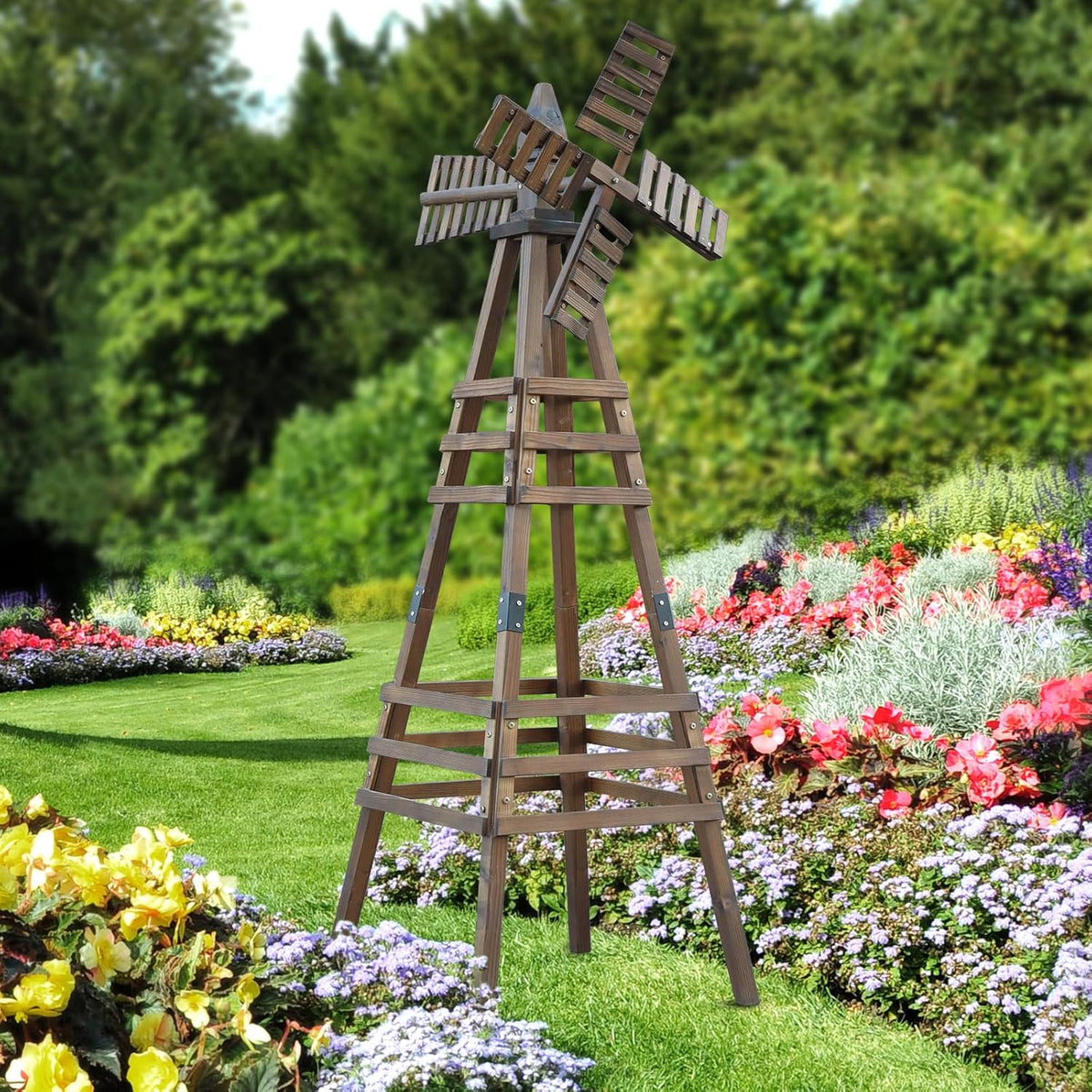 Wooden Windmill, Weather-Proof Wind Spinner, Outdoor Wind Mill for Garden Lawn Patio Decoration (Carbonized, Medium)