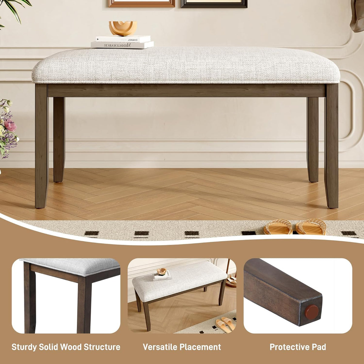 38-inch Small Upholstered Dining Bench, Vintage Wooden Bench Indoor, Entry Way Bench with Cushion, Farmhouse Rectangular Ottoman for Kitchen Bedroom End of Bed and Hallway (Beige+Brown)