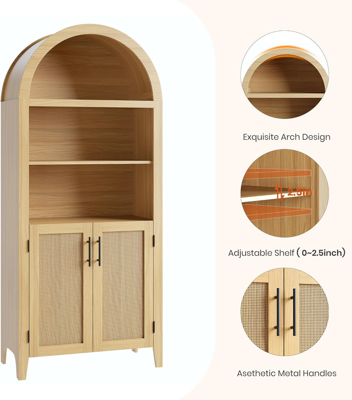 IDEALHOUSE Arched Kitchen Pantry Cabinet with Doors - 5-Tier Open Display Shelf with Rattan Decor, Farmhouse Storage Cabinet for Kitchen, Dining Room, Living Room, Natural