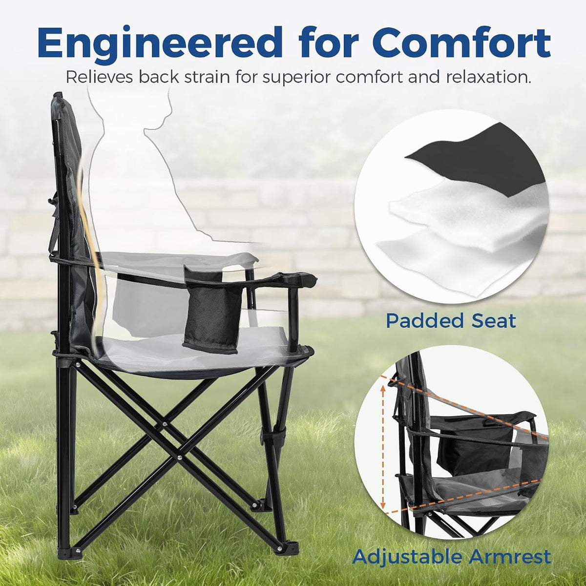 Oversized Padded Camping Chair, Heavy Duty Steel Frame, 450 lb Capacity, Folding Camp Chair with 6-Can Cooler, Carry Bag for Outdoor Camping, Beach, Hiking(Gray & Black)