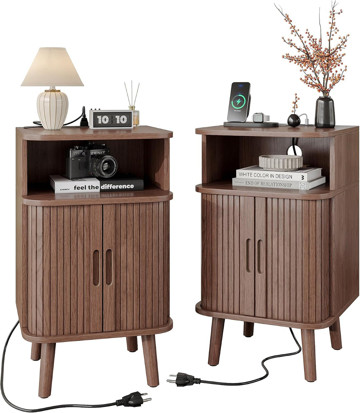 Whalefall Night Stand Set of 2 with Charging Station, Mid Century Modern Fluted End Tables with Cabinet for Living Room, Curved Round Edge Wood Beside Table with Slide Tambour Doors, Walnut