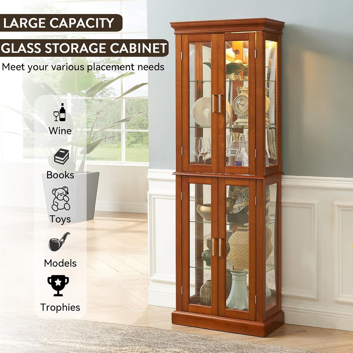 Lighted Curio Cabinet with Tempered Glass Doors, 6 Tiers Curio Diapaly Cabinet with Adjustable Shelves and Mirrored Back Panel, Floor Standing Glass Display Cabinet for Home No Bulb (Walnut)