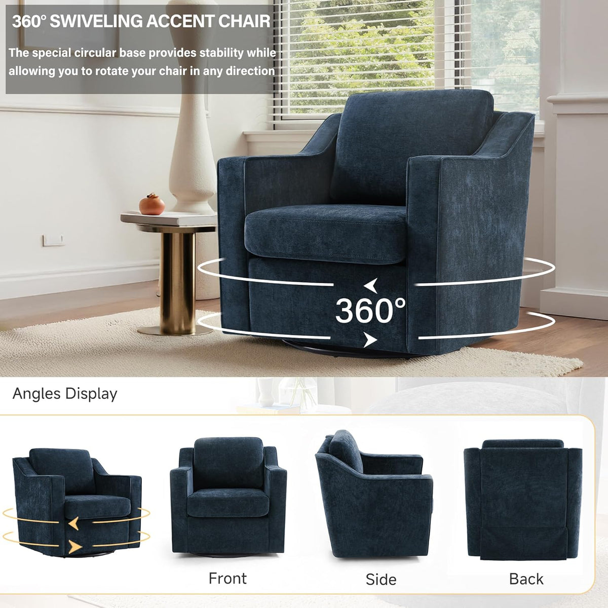 Swivel Accent Chairs Set of 2, Chenille Upholstered Armchair for Living Room, Modern Armrest Chair Comfy Single Sofa Bedroom Reading Seat with Lumbar Pillow - Navy