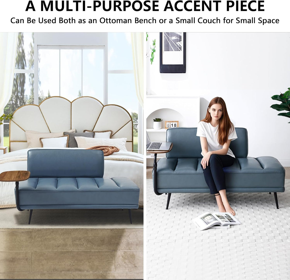 Aoowow PU Leather Ottoman Bench for Living Room,55" Channel Tufetd Small Loveseat Sofa Couch with Adjustable Wooden Stand,Modern Bedroom Benches for Bed End,Entryway,Window.