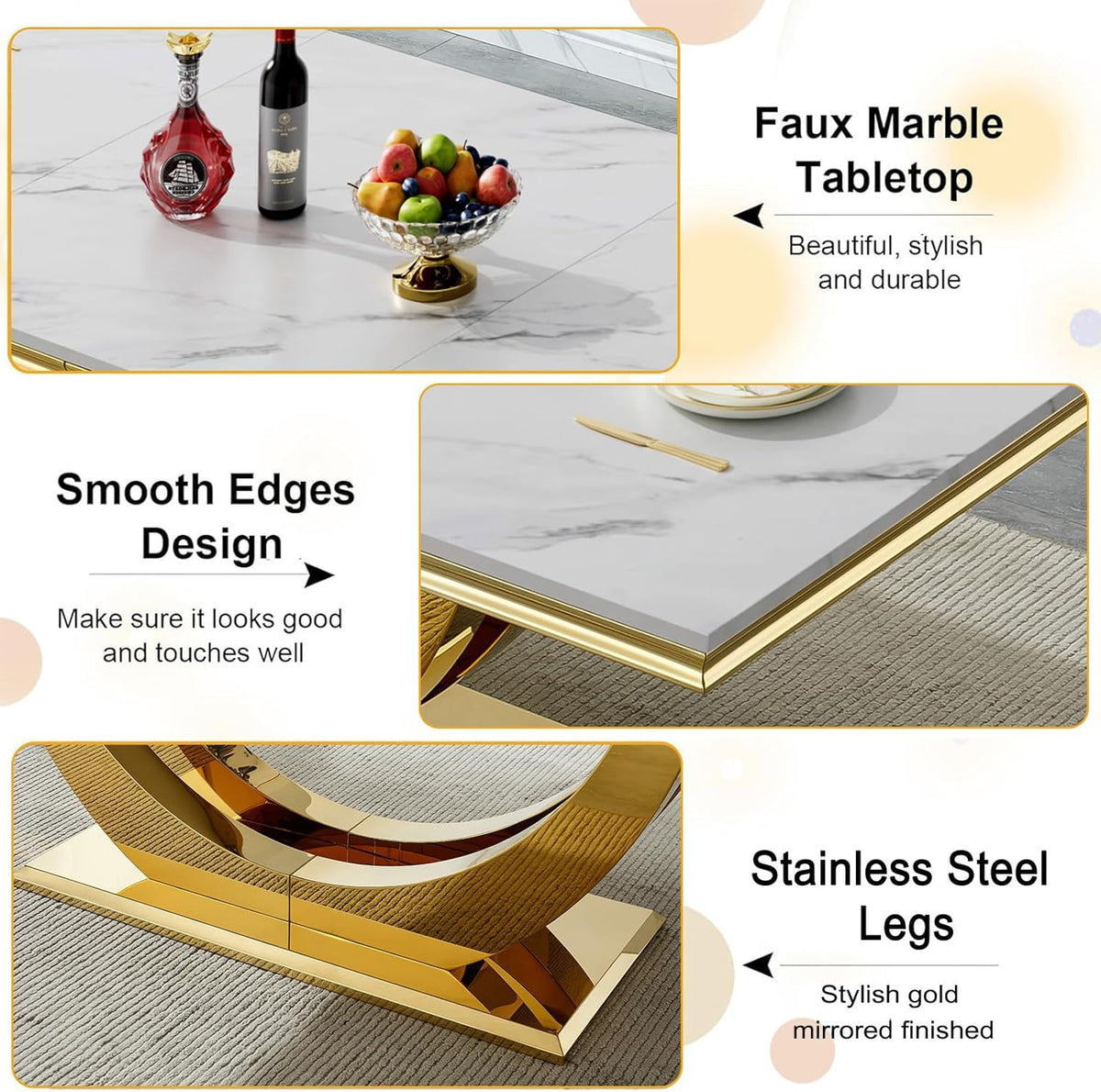 94 in Luxury Faux Marble Dining Table for 6 8 10 People, White Faux Marble Dining Table with Gold U Shaped Stainless Steel Base, Large Rectangular Modern Kitchen Dining Room Table for Family Gathering