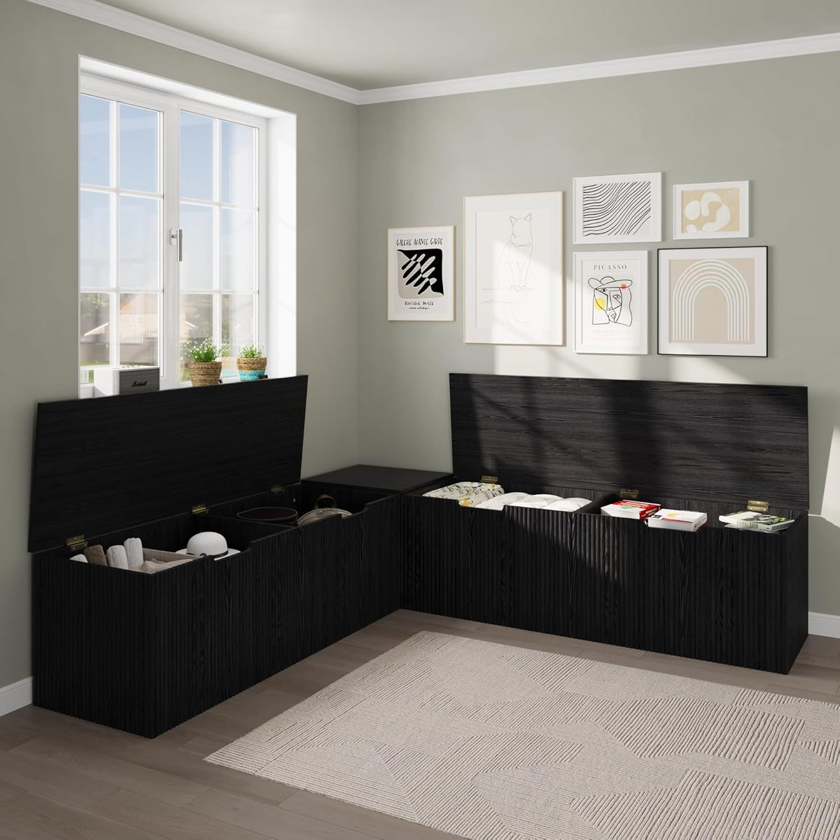 Bobve L-Shape Storage Bench with Cushion, Backless Corner Dining Bench, Kitchen Dining Nook Bench with Hidden Storage for Dining Room, Kitchen, Entryway (Black)