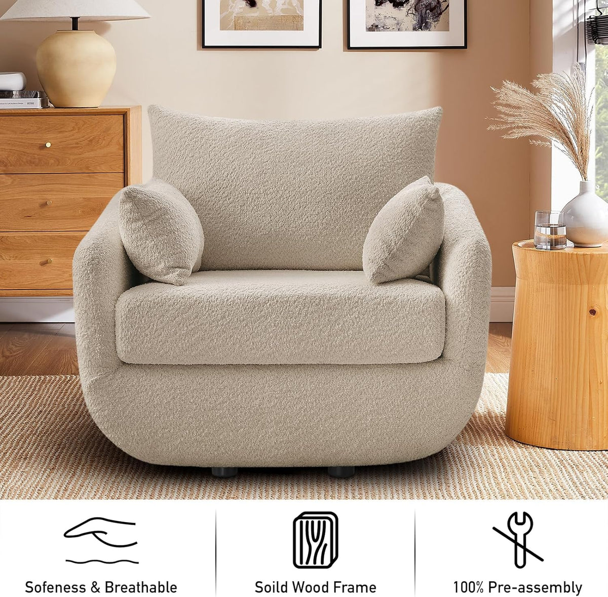 360° Swivel Accent Armchair, 39.3" Oversized, Sherpa Boucle Fabric Sofa Chair with Removable Back & Arm Pillows, Swivel Chair with Cozy Soft Padded (1, Camel)
