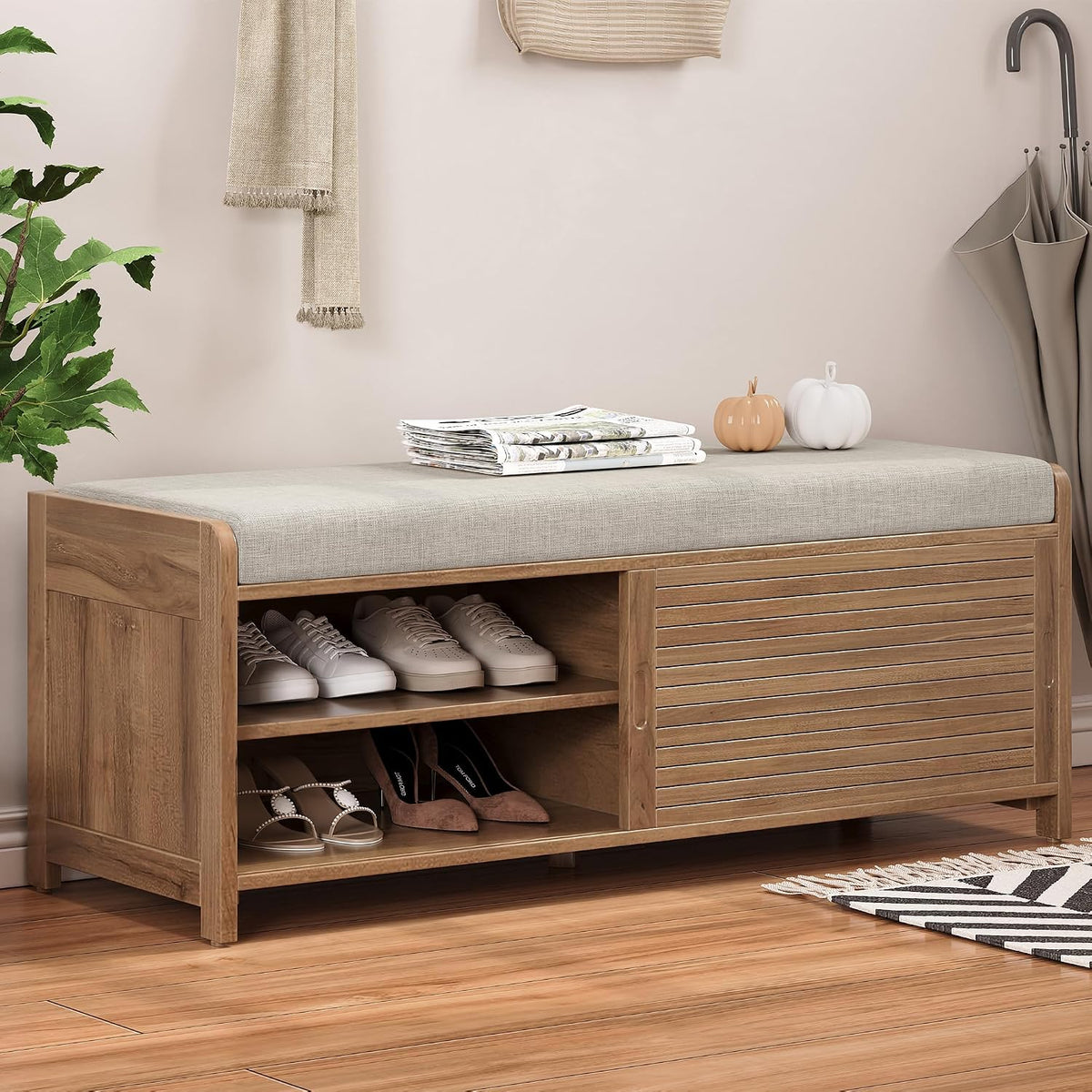 LUMISOL Shoe Bench with Storage and Cushion, Farmhouse Distressed Shutter Storage Bench with Retro Charm for Living Room, Entryway, White Washed