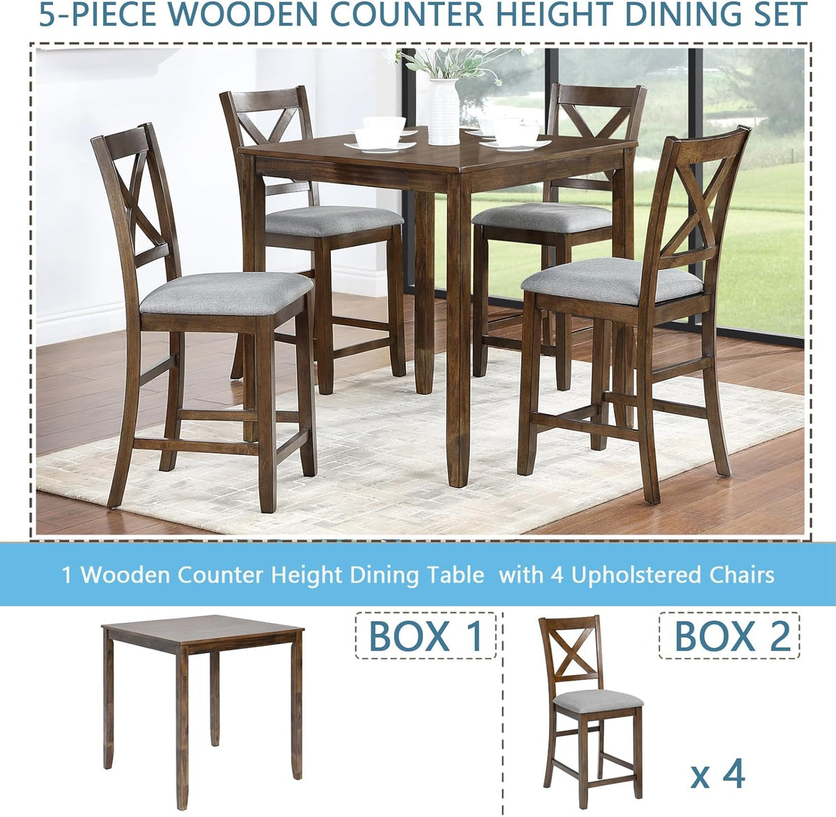 5 Piece Dining Table Set for 4, Solid Wood Square Dining Table Set, Counter Height Kitchen Table Set with Square Table and 4 Upholstered Chairs, X-shaped Backrest for Small Space, Walnut