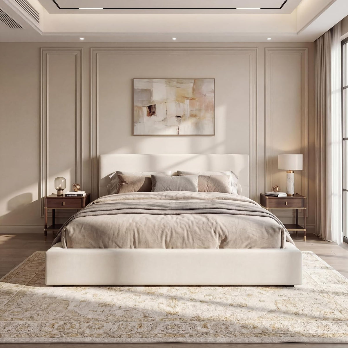 Merax King Size Bed Frame, 95" L x 88" W Upholstered Platform Bed with 8" Thick Linen Headboard & Footboard, Sturdy Wood Slat Support, No Box Spring Needed, Easy Assembly, Beige