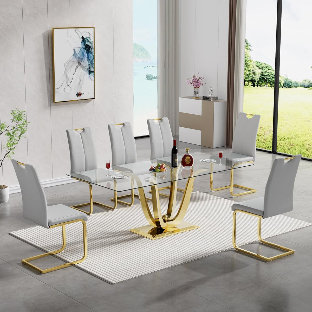 70" Glass Dining Table Set for 6, Modern Kitchen Table with 6 PU Leather Dining Chairs 7-Piece Dining Table and Chairs for 6 with Shiny Gold Metal Pedestal Base