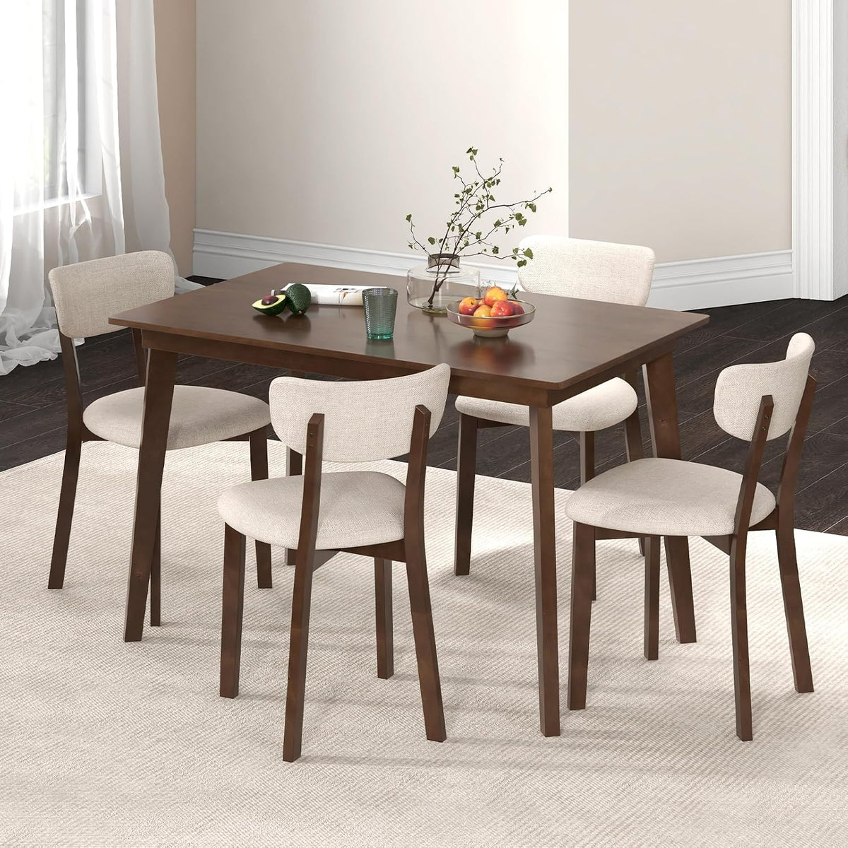GOFLAME 5-Piece Dining Table Set for 4, Farmhouse Kitchen Table & 4 Upholstered Chairs with Rubber Wood Frame, Padded Seat, Curved Backrest, Space-Saving Dinette Set for Dining Room, Small Space