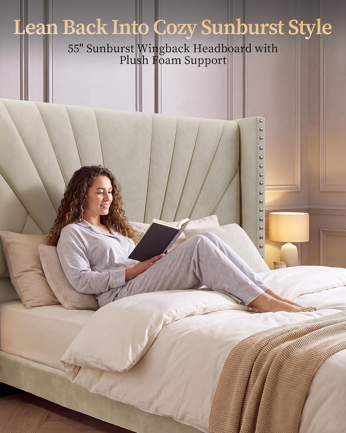 Queen Bed Frame 55" Velvet Upholstered Platform Bed, Art Deco, Cream White