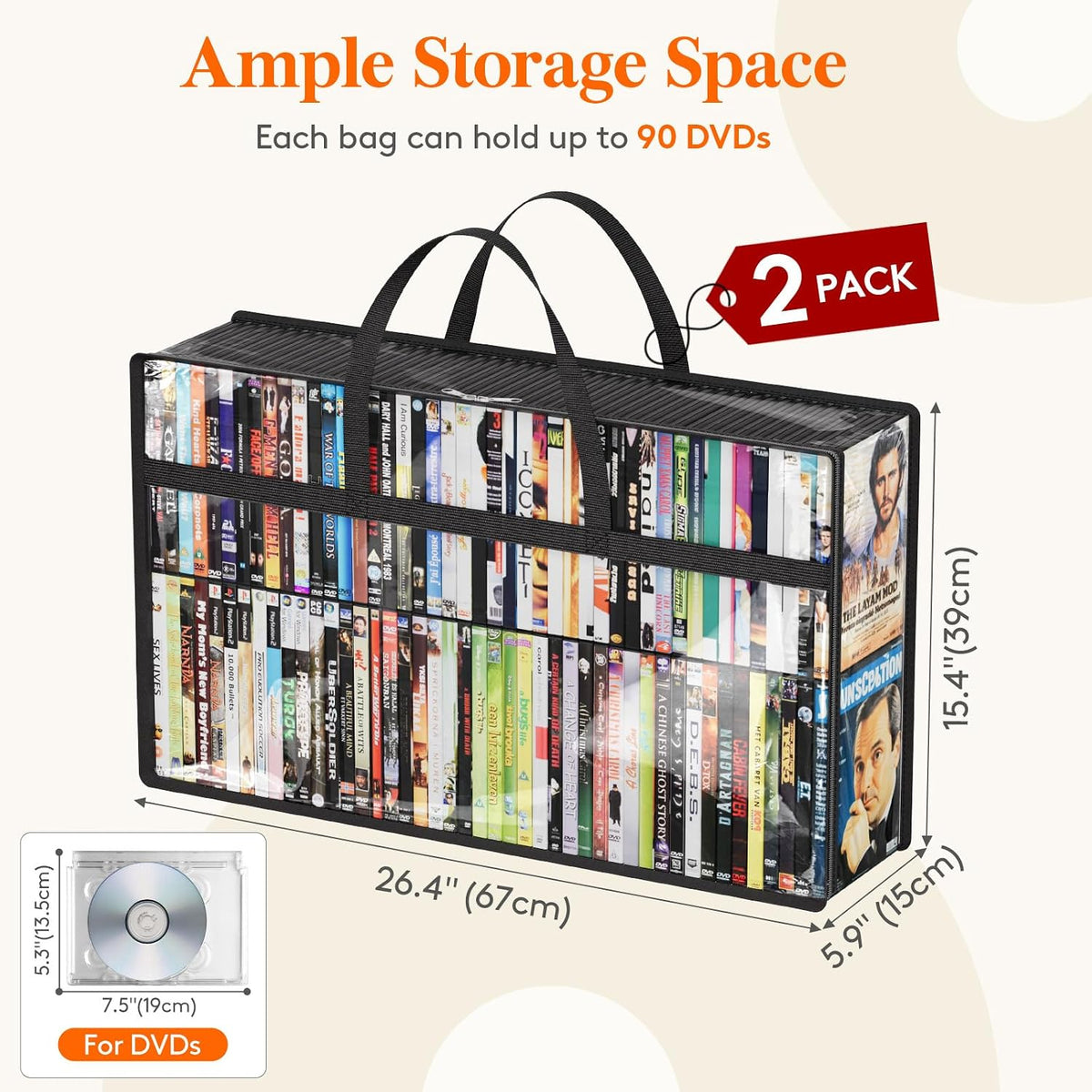 Lifewit DVD Storage Bags, Clear PVC Media Organizer with Handles, 2 Pack | Clear PVC with zipper and handles. Holds 180 DVDs (90 per bag). For Blu-ray, VHS, games, books, albums. Space-saving.