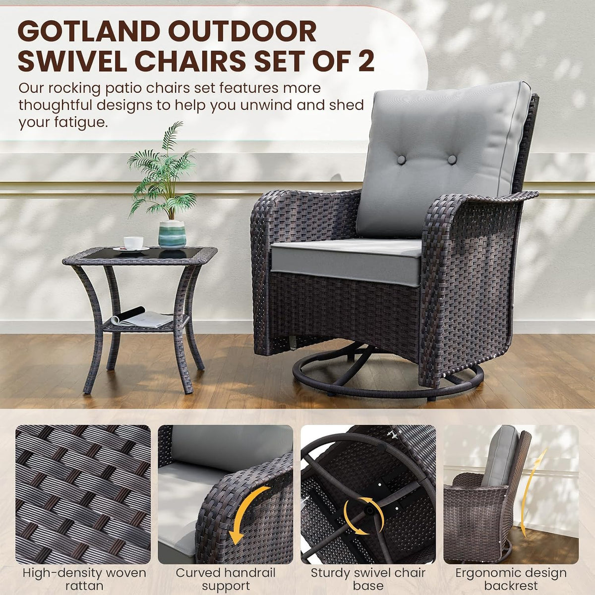 Gotland Outdoor Swivel Chairs Set of 2, 5 Pieces Patio Furniture Set with Ottomans Rattan Coffee Table Thick Cushion, Outdoor Swivel Rocker Wicker Patio Bistro Set for Balcony Porch, Grey