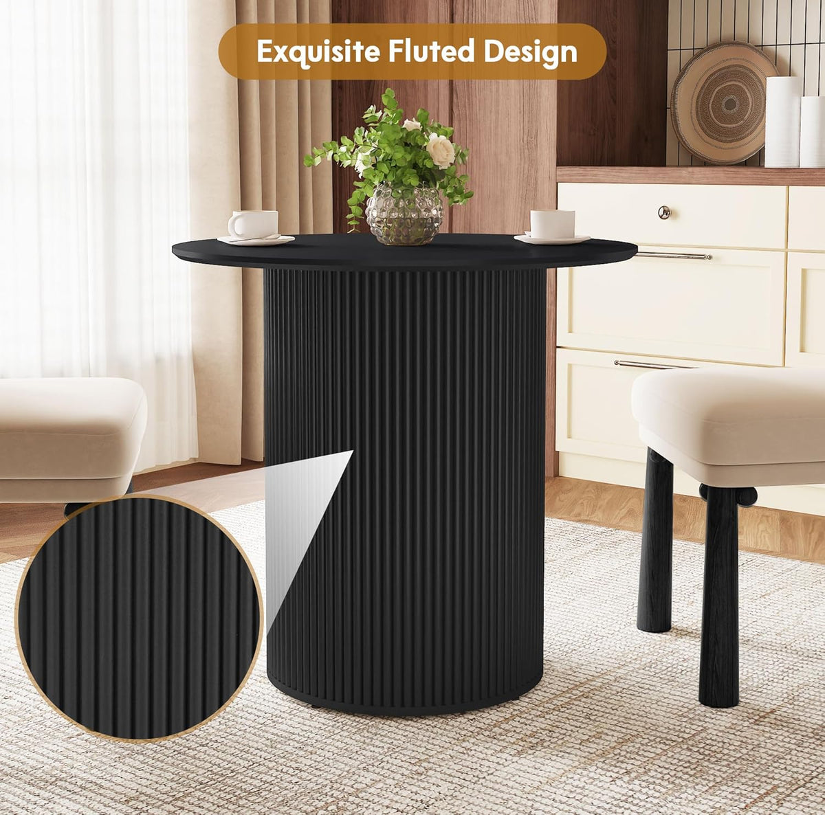 31.5 inch Round Dining Table for 2, Farmhouse Wood Fluted Dinner Round Kitchen Table with Wood Fluted Base, Mid-Century Modern Small Circle Dining Room Ta ble for Kitchen Living Room (Black)