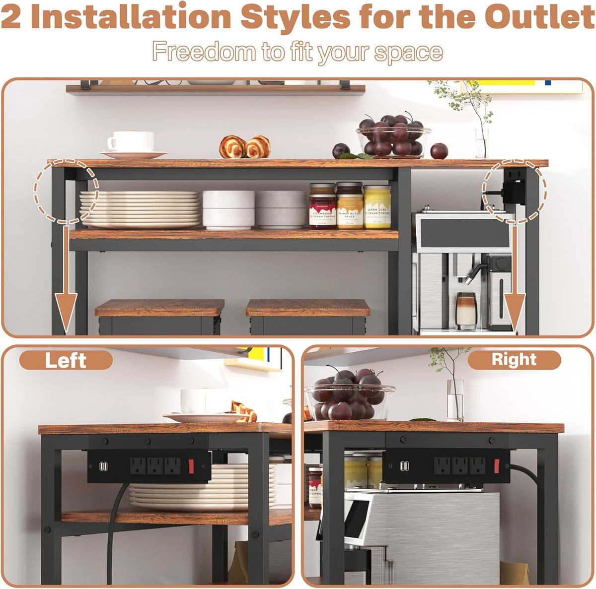 3-Piece Bar Table and Chairs Set,Counter Height Bar Table Set with Power Outlets and Storage Shelves,Dining Table Set with 2 Chairs,Industrial Table Chairs Set for Bar,Kitchen,Apartment